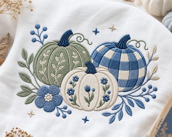 Blue Pumpkin Trio Embroidery Design, Chinoiseri Fall Halloween Clothing Apparel Design, Floral Fall Harvest Pattern, Autumn Digital Download