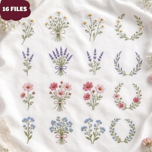 May include: A white fabric featuring sixteen embroidered floral designs arranged in a grid. The patterns include individual stems, tied bouquets, and circular wreaths of daisies, lavender, pink cosmos, and blue forget-me-nots with green foliage.