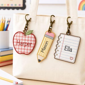 ITH Back To School Tag Applique Bundle | Apple Pencil Notebook Embroidery Designs | In The Hoop Classroom Bag Label Blank | Digital File