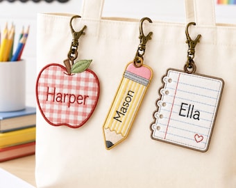ITH Back To School Tag Applique Bundle | Apple Pencil Notebook Embroidery Designs | In The Hoop Classroom Bag Label | Personalized Gift