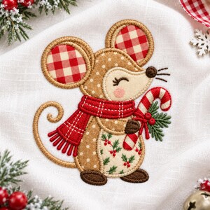 Patchwork Christmas Mouse Applique Embroidery Design, Candy Cane Holiday Machine Embroidery File, Gingham Winter Mouse Pattern, Digital File