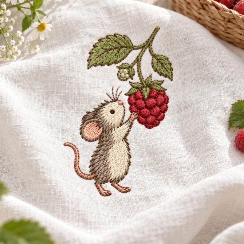 Raspberry Stitches Verspieltes Maus-Himbeer-Stickmuster, niedliche Waldtier-Stickdatei ...