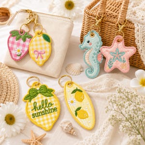 ITH Summer Keychain Embroidery Bundle, Lemon Strawberry Seahorse Starfish Bag Tags, Gingham Applique Machine Files