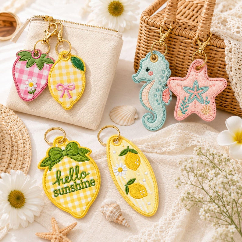 ITH Summer Keychain Embroidery Bundle, Lemon Strawberry Seahorse Starfish Bag Tags, Gingham Applique Machine Files