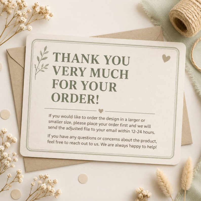May include: A rectangular off-white card with rounded corners featuring the dark green text THANK YOU VERY MUCH FOR YOUR ORDER! and a small heart icon. The card includes instructions for custom sizing and contact information for customer support.