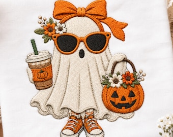 Coquette Floral Ghost Embroidery Design, Cute Halloween Ghost File, Pumpkin Basket Iced Coffee Stitch Pattern, Spooky Season Gift