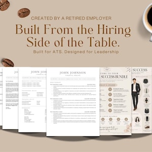May include: A digital resume template bundle featuring multiple white document pages with black text, including a cover letter, professional resume, and career success guide. The text reads Created by a Retired Employer, Built From the Hiring Side of the Table, and Built for ATS. Designed for Leadership.