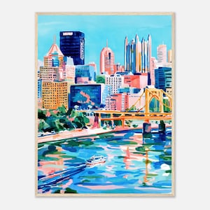 Pittsburgh-tryck, färgglad Pennsylvania-väggkonst, målning av gul bro i silhuetten, dekor av Three Rivers City, dopaminkonstverk