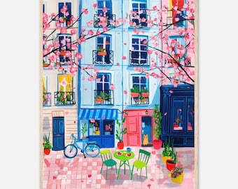 Impression Paris Café, affiche de fleurs de cerisier roses, oeuvre d'art française lunatique de rue, décoration colorée d'appartement de Paris