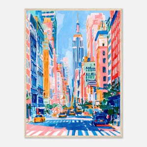 May include: A vibrant painting of a New York City street scene featuring tall buildings in shades of pink, orange, and blue. A yellow taxi and a dark blue car are visible on the road, with the Empire State Building rising in the center background.