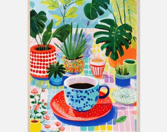 Bunte Kaffeetasse Kunstdruck, Dopamin Dekor Wandkunst, Maximalist Küche Poster, Tropisches Zimmerpflanzen Kunstwerk