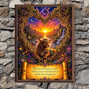 Puede incluir: Una impresión de arte mural enmarcada que presenta un toro central rodeado por una corona en forma de corazón con símbolos del zodiaco, un paisaje montañoso al atardecer y un pergamino dorado con el texto: The river of life marks your path, follow it, the sun will illuminate you and the stars will guide you.