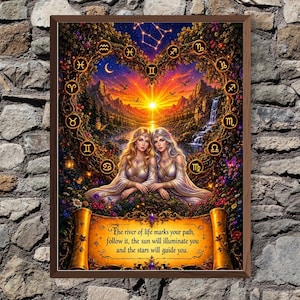 Puede incluir: Una impresión artística enmarcada que muestra a dos figuras con vestidos blancos rodeadas por una corona en forma de corazón con símbolos del zodiaco, un paisaje al atardecer y un pergamino dorado con el texto: The river of life marks your path, follow it, the sun will illuminate you and the stars will guide you.