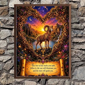 Puede incluir: Una lámina artística enmarcada con un carnero sobre una roca dentro de una corona en forma de corazón con símbolos del zodiaco. El fondo muestra un atardecer sobre un río. Un pergamino dorado en la parte inferior dice: The river of life marks your path, follow it, the sun will illuminate you and the stars will guide you.