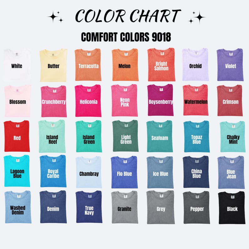 May include: A color chart for Comfort Colors 9018 t-shirts, displaying 35 folded shirts in various shades including white, butter, terracotta, melon, salmon, orchid, violet, blossom, pink, red, green, blue, grey, and black with labels.
