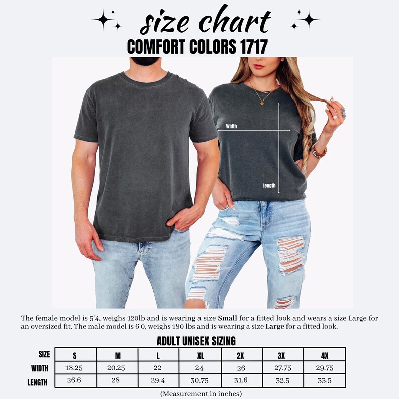 May include: A size chart for Comfort Colors 1717 t-shirts featuring two people wearing dark grey shirts. The chart displays width and length measurements in inches for sizes S through 4X, ranging from 18.25 to 29.75 inches wide and 26.6 to 33.5 inches long.