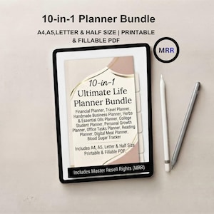 May include: A digital tablet displaying a 10-in-1 Ultimate Life Planner Bundle with a white stylus and a grey stylus. The screen text lists planners for finance, travel, business, herbs, college, personal growth, office, reading, meals, and blood sugar.