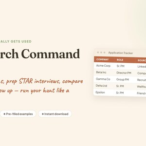 May include: A digital Job Search Command Center planner by HazelGarciaCo featuring a table titled Application Tracker with columns for company, role, source, and date. The layout includes text describing job tracking and buttons for Excel, Google Sheets, pre-filled examples, and instant download.