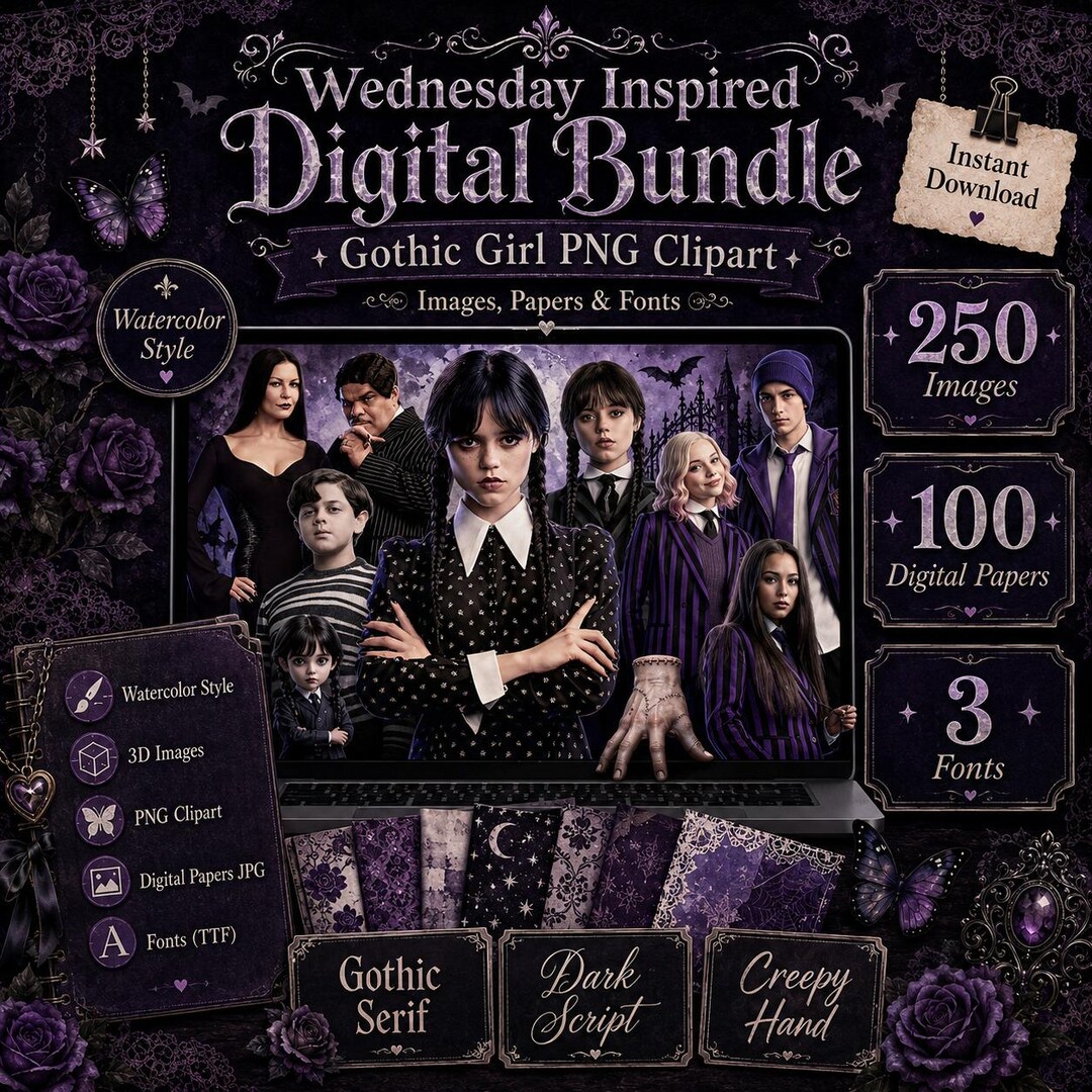 Inspired Digital Bundle Wednesday, Gothic Girl PNG Clipart, 250 Images ...