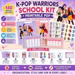 Puede incluir: Un kit escolar K-Pop Warriors en PDF imprimible con 140 piezas que incluye separadores, etiquetas para cuadernos, etiquetas verticales, rectangulares, circulares, para reglas, multiusos y horarios de clase con ilustraciones de tres personajes.