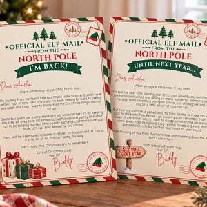 May include: Two rectangular cards with red and green striped borders titled Official Elf Mail From The North Pole. One card says I'm Back and the other says Until Next Year. Both feature printed text, a North Pole postmark, and elf hat graphics.