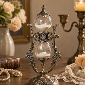 May include: An antique-style hourglass featuring a bronze-toned metal frame with intricate floral engravings and a central clear crystal accent. The hourglass contains white sand within two clear glass bulbs, supported by a decorative base.
