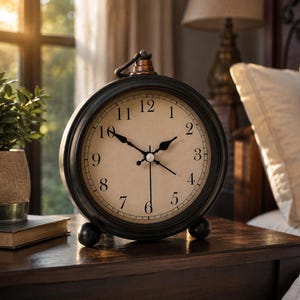 May include: A round analog table clock with a matte black frame and a beige face featuring black Arabic numerals. The clock has black hour, minute, and second hands, a small copper-toned handle on top, and rests on two small black spherical feet.