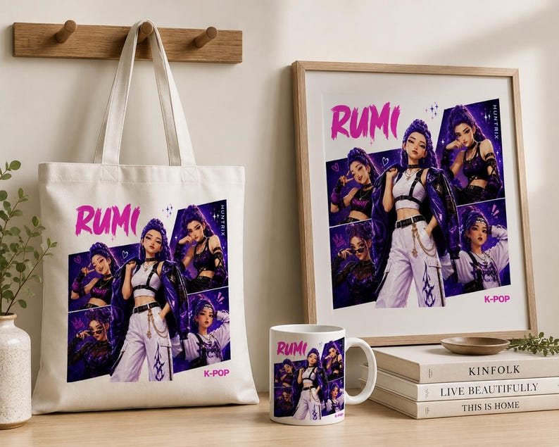 May include: A white canvas tote bag, a framed print, and a white ceramic mug, each featuring a graphic collage of a character named Rumi with purple hair, wearing a white crop top, black harness, and purple jacket, with the text Rumi and K-Pop.