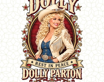 Imagen PNG conmemorativa de Dolly Parton, RIP Dolly Parton 1946-2026, Diseño de homenaje a la música country, Diseño de camiseta de vaquera del oeste