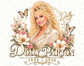 Imagen PNG conmemorativa de Dolly Parton, 1946-2026. Diseño de homenaje. Leyenda de la música country PNG. Camiseta conmemorativa de la Reina Eterna. Descarga digital.