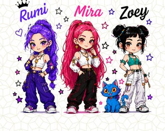 Huntrix PNG, Chibi Huntrix PNG, Rumi Mira Zoey PNG, Cute Anime Clipart, Digital Download