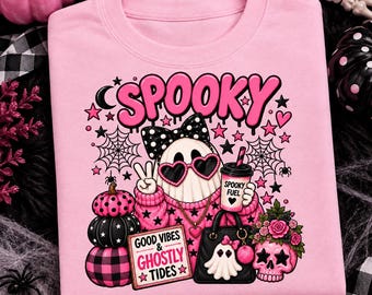 Fantasma espeluznante PNG, Halloween rosa PNG, Fantasma lindo sublimado, Diseño gótico de Halloween, Café espeluznante PNG, Diseño de camiseta de Halloween