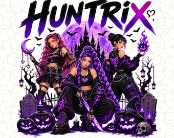 Huntrix Halloween PNG, Chicas góticas de anime, Diseño espeluznante de Halloween morado, Camiseta de sublimación PNG, Descarga digital