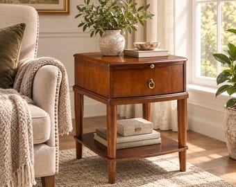 Cherry Wood End Table Solid Wood Nightstand with Drawer Pull Out Tray and Shelf