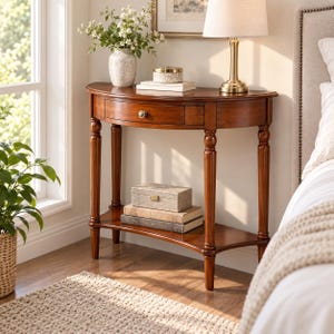 May include: A semi-circular wooden console table with a warm brown finish, featuring a single central drawer with a small round knob, four turned legs, and a lower storage shelf. The table surface holds a lamp, a vase, and a small box.
