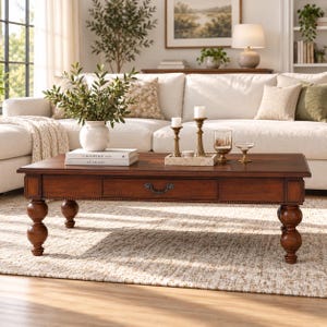 May include: A rectangular wooden coffee table with a rich brown finish, featuring four turned ball-style legs and a central drawer with a dark metal pull. On top sits a white vase with greenery, two stacked books, and two gold candle holders.