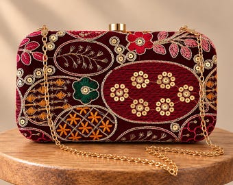 Hand-Embroidered Maroon Velvet Pill Clutch | Jewel-Toned Floral Minaudière (Winter Wedding Bag)