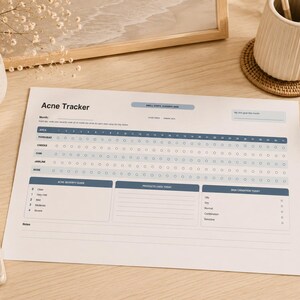 May include: A white paper acne tracker sheet with blue headers and text. The layout includes a monthly grid for forehead, cheeks, chin, jawline, and nose, plus sections for acne severity guide, products used today, skin condition, and notes.