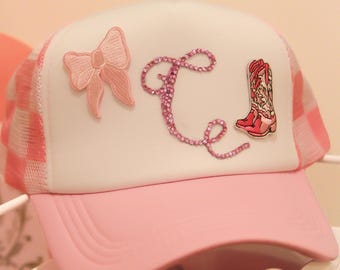 Megan Cloud 9 inspired | Pink Trucker Hat, Bow, Cowgirl Boot, Rhinestone Letter | Country Concert