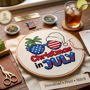 Christmas in July Sunglasses Cross Stitch Pattern, Patriotic Summer Holiday PDF