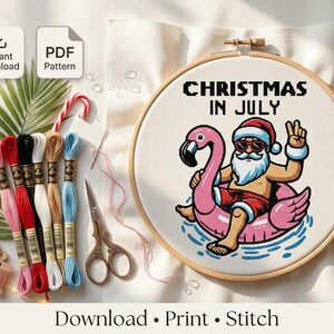 Christmas in July Cross Stitch Pattern, Santa Flamingo Float, Summer Holiday Embroidery (PDF Download)