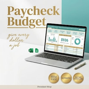 Peut inclure: Un ordinateur portable argenté affichant un tableau de bord de budget de paie avec des graphiques et des tableaux financiers. L'écran présente le texte Paycheck Budget, give every dollar a job, et trois badges dorés Google Sheets & Excel, Automated, Instant Download.