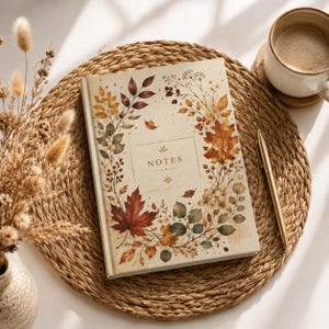 以下が含まれることがあります： クリーム色の表紙を持つ長方形のノート。中央の枠内に「NOTES」と記され、その周囲には赤、オレンジ、茶色、くすんだ緑色の秋の葉、ベリー、枝が描かれた植物のイラストが施されています。