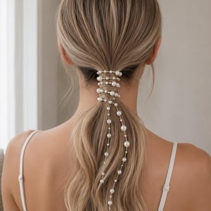 May include: A hair accessory featuring a series of white faux pearls strung on a thin metallic wire. The accessory wraps around a ponytail, with two long strands of pearls cascading down the length of the hair, creating a decorative effect.