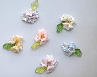 Pastel Pearl Flower Charms with Green Leaves -  Multi-Color Floral Pendants for DIY Lolita Accessories, Hairpins & Jewelry Making (4 pcs)