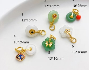18K Gold Accente Green Jade and Gemstone Charm with CZ bail for DIY  Lucky Jewelry supplies 4pcs