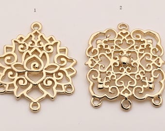 Ornate Filigree Connectors,  Gold Plated Brass Flower Links for Statement Necklace Making - 6pcs