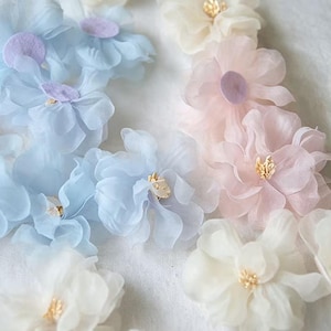 Apliques de flores em organza transparente, apliques florais em tule macio para presilhas de cabelo, vestidos de noiva e artesanato (4 peças).