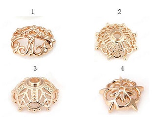 Gold Filigree Flower Bead Caps with Hole | Brass Metal Bead end Caps for Jewelry Making Supplies 10pcs