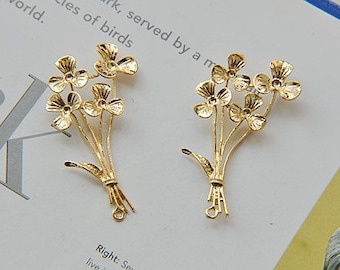 gold plated jewelry flower charm - Flower Connector - Flower Brass Pendant - 4pcs raw brass plating gold flower connector